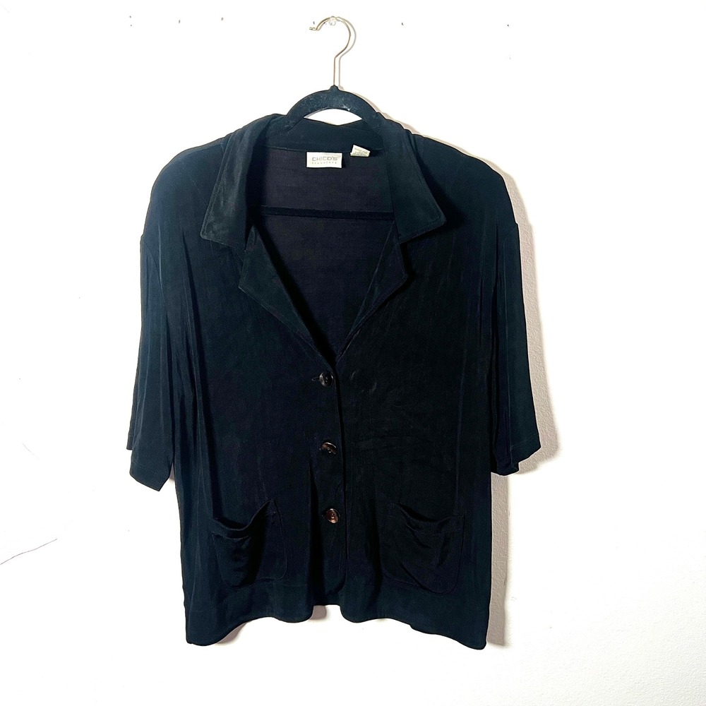 Chicos Travelers Black Button Front Top Sz 3 US XL Slinky Knit Pockets